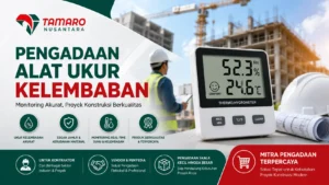 Banner pengadaan alat ukur kelembaban untuk proyek konstruksi dengan tampilan thermohygrometer digital, pekerja konstruksi, dan latar pembangunan gedung dari CV. Tamaro Nusantara sebagai vendor dan penyedia alat monitoring kelembaban profesional.