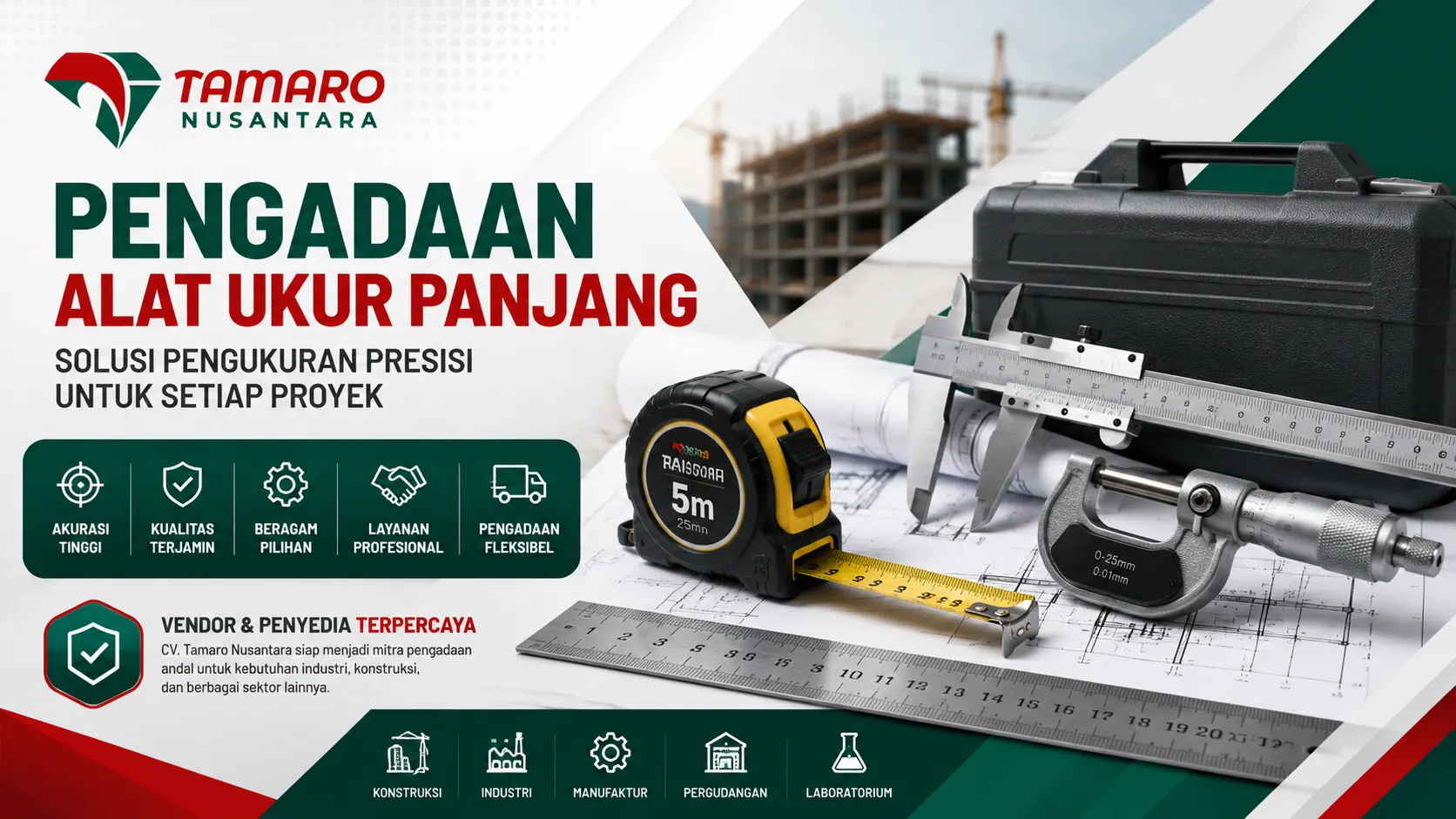 Banner pengadaan alat ukur panjang CV. Tamaro Nusantara dengan perlengkapan pengukuran presisi untuk kebutuhan konstruksi, industri, dan laboratorium.