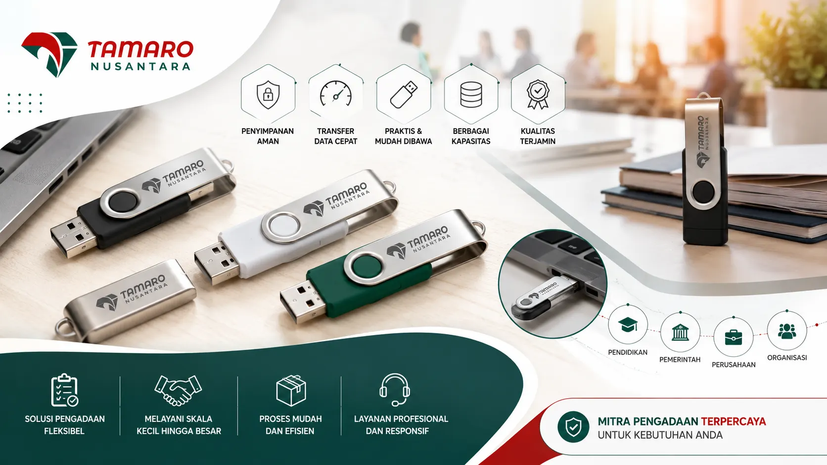 Banner promosi pengadaan flashdisk dari CV. Tamaro Nusantara menampilkan berbagai jenis flashdisk USB modern dengan kapasitas beragam untuk kebutuhan pendidikan, pemerintah, perusahaan, dan organisasi. Desain profesional dilengkapi informasi penyimpanan aman, transfer data cepat, layanan responsif, serta solusi pengadaan fleksibel skala kecil hingga besar.
