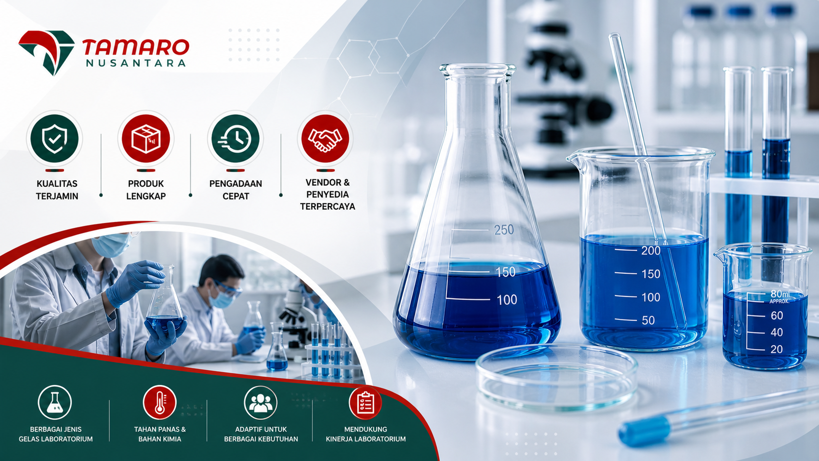 Peralatan gelas non volumetric laboratorium dengan cairan biru sebagai ilustrasi pengujian kimia dan aktivitas riset