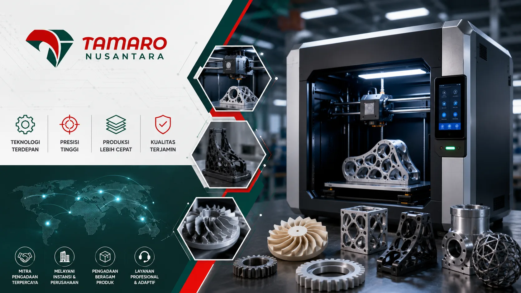 Desain promosi printer 3D industri dengan tampilan futuristik, logo Tamaro Nusantara, serta visual mesin additive manufacturing dan hasil cetak komponen teknik presisi tinggi.