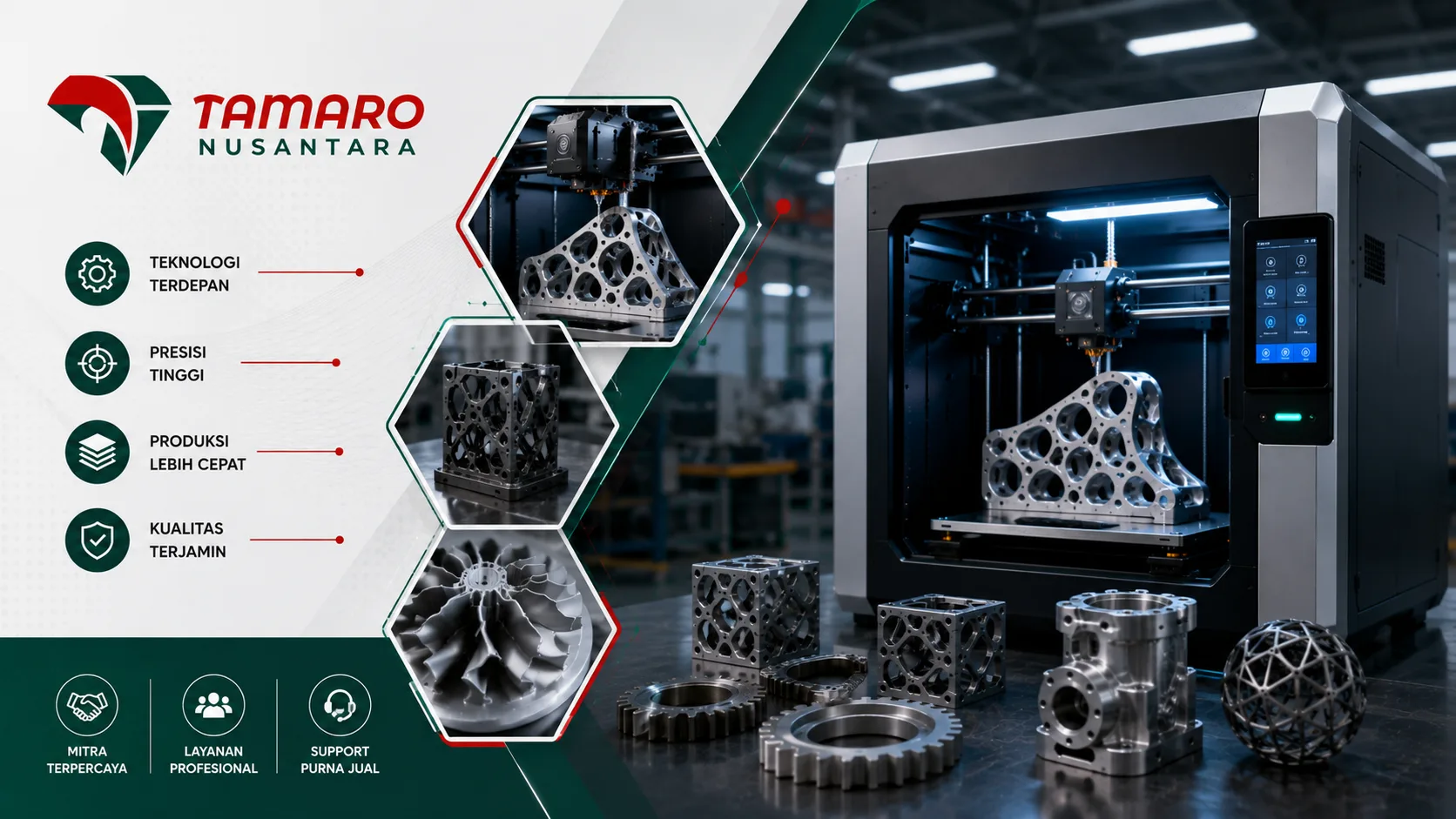 Visual printer 3D industri profesional dengan elemen geometris modern, komponen manufaktur logam, dan identitas brand CV. Tamaro Nusantara dalam konsep teknologi industri.