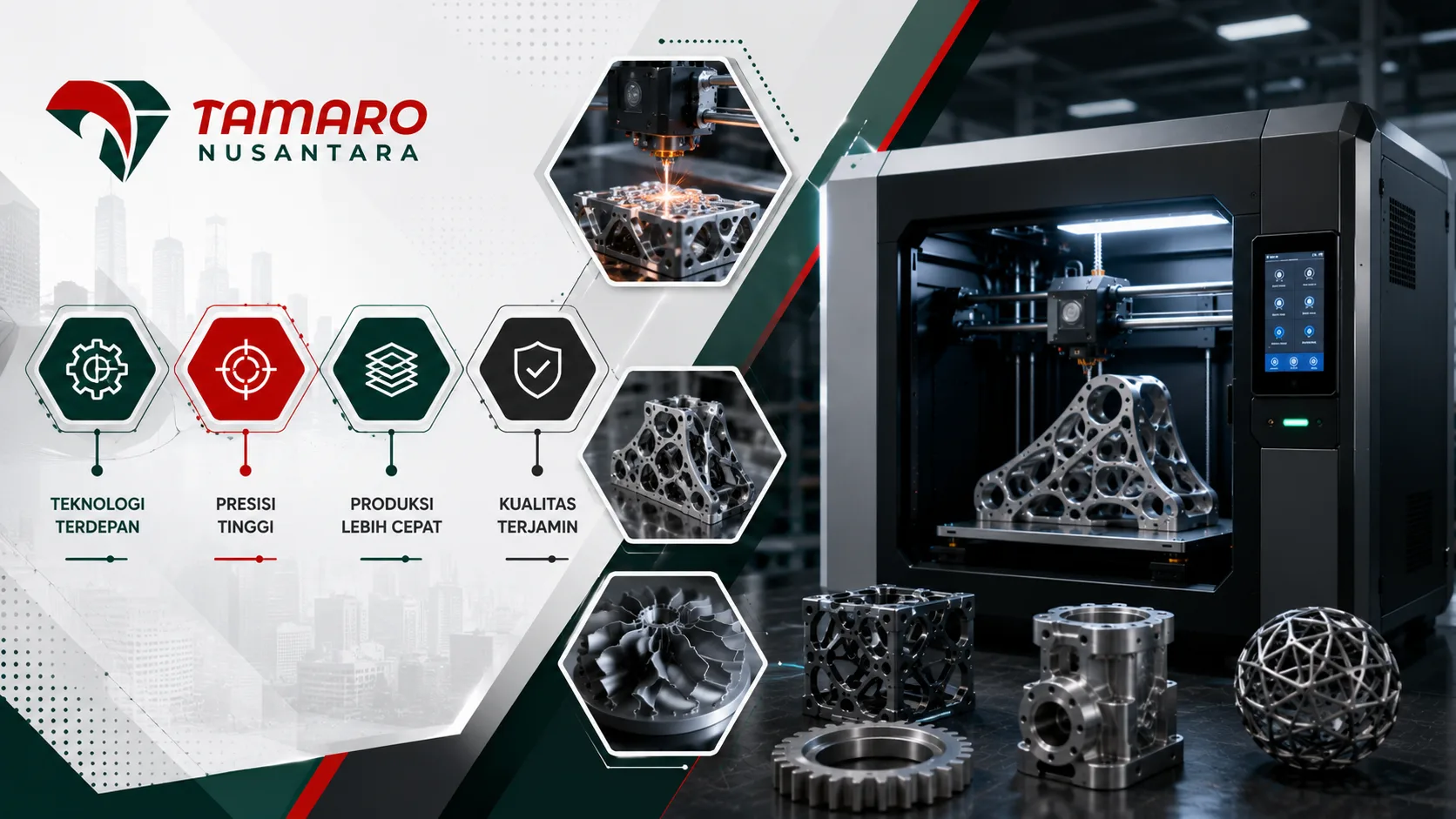 Feature image printer 3D industri untuk kebutuhan manufaktur modern dengan ilustrasi mesin cetak 3D, komponen mekanik presisi, dan branding CV. Tamaro Nusantara.