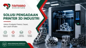Banner promosi pengadaan printer 3D industri dengan logo CV. Tamaro Nusantara, menampilkan mesin printer 3D modern dan komponen logam presisi untuk kebutuhan manufaktur dan produksi industri.