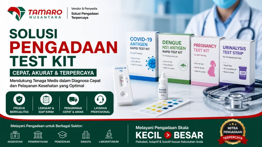 "Banner promosi pengadaan test kit CV. Tamaro Nusantara dengan berbagai produk rapid test seperti antigen, dengue, kehamilan, dan urinalisis, dilengkapi informasi layanan vendor terpercaya untuk tenaga medis."