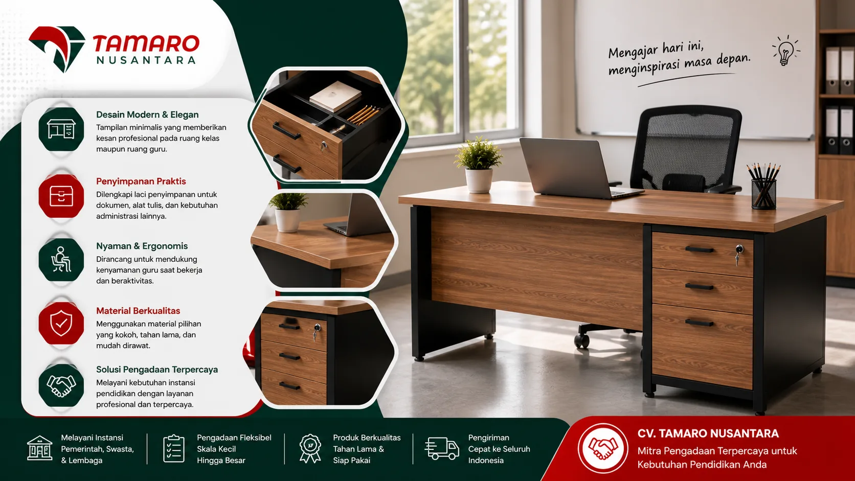“Banner promosi meja guru minimalis modern dari CV. Tamaro Nusantara dengan desain elegan berbahan kayu, dilengkapi laci penyimpanan praktis, cocok untuk ruang kelas, sekolah, dan kebutuhan pengadaan furnitur pendidikan profesional.”