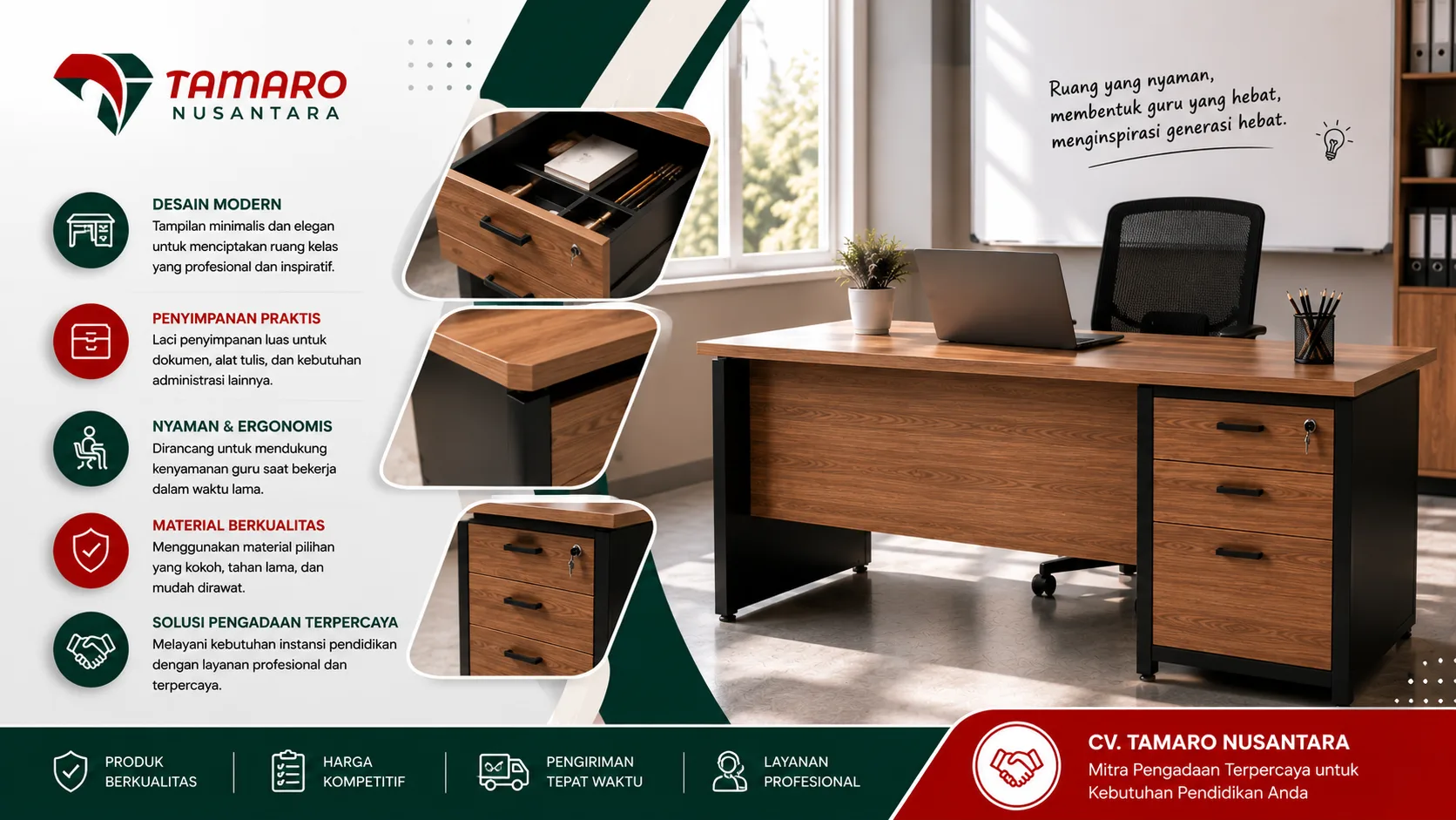 “Banner furnitur meja guru modern dari CV. Tamaro Nusantara dengan desain minimalis elegan, laci penyimpanan praktis, material berkualitas, dan konsep ergonomis untuk mendukung kebutuhan ruang kelas, sekolah, dan instansi pendidikan.”