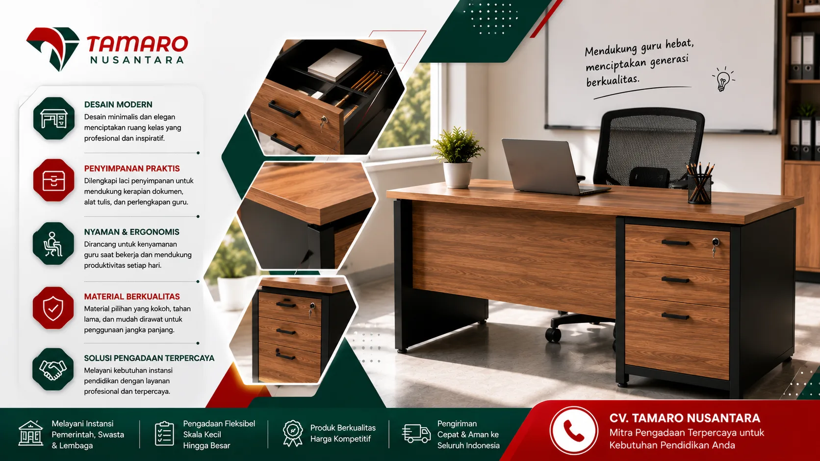 Promosi meja guru minimalis modern CV. Tamaro Nusantara dengan desain elegan berbahan kayu, fitur laci penyimpanan praktis, material berkualitas, dan konsep ergonomis untuk kebutuhan pengadaan furnitur sekolah dan instansi pendidikan.”