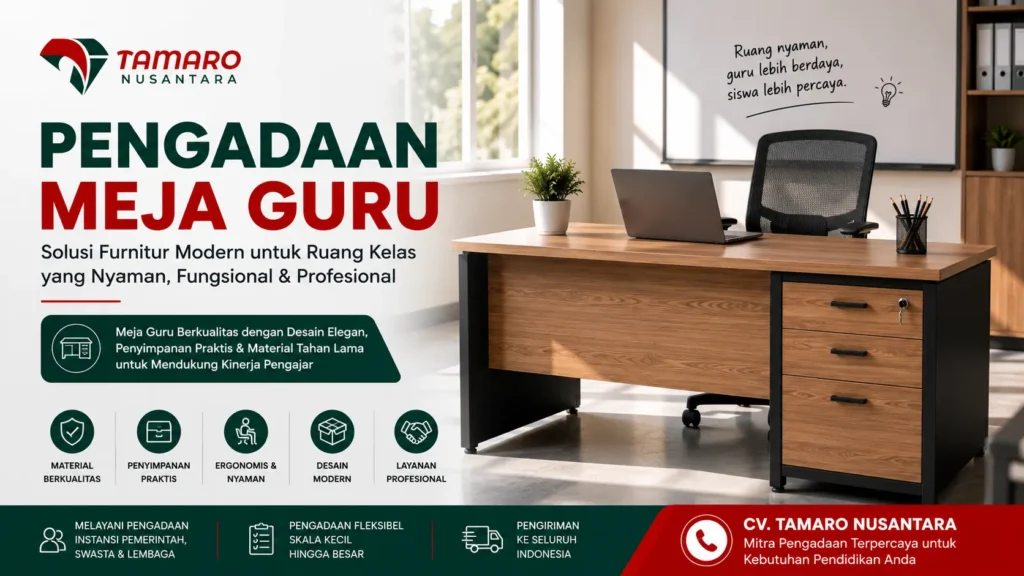 Banner promosi pengadaan meja guru dari CV. Tamaro Nusantara dengan desain meja guru modern minimalis berbahan kayu dan rangka hitam, dilengkapi laci penyimpanan, cocok untuk ruang kelas, sekolah, instansi pendidikan, dan kebutuhan furnitur profesional.”