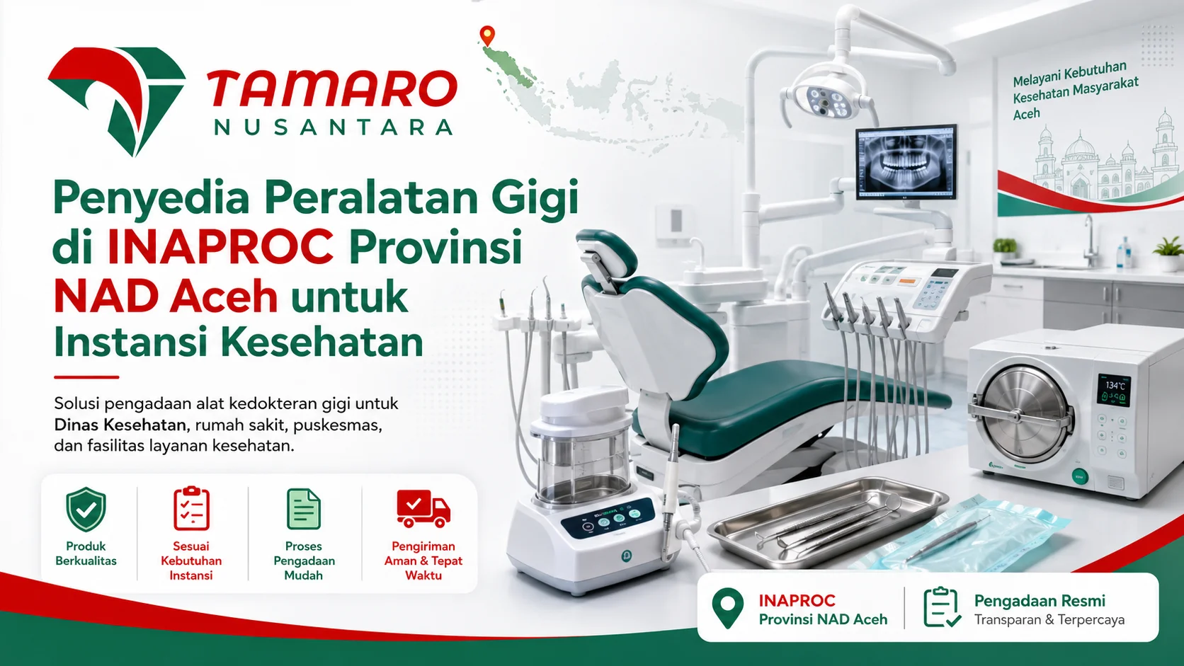Feature image Tamaro Nusantara untuk penyedia peralatan gigi di INAPROC Provinsi NAD Aceh, menampilkan dental chair unit, scaler ultrasonic, autoclave, dan instrumen pemeriksaan gigi.