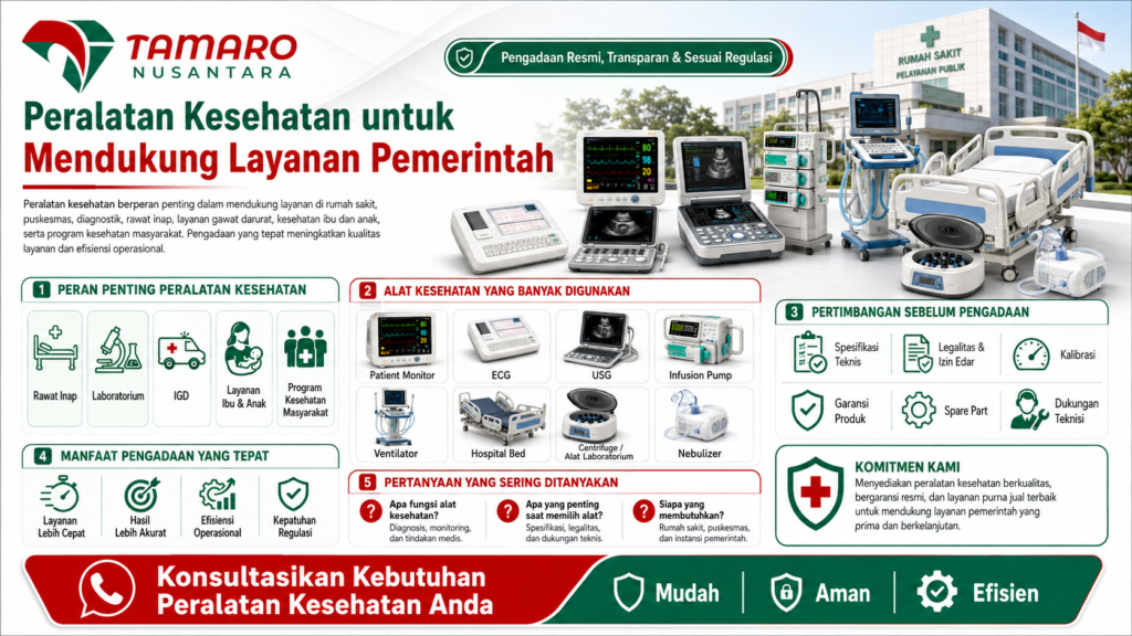Peralatan kesehatan untuk layanan pemerintah dengan logo Tamaro Nusantara, menampilkan alat medis seperti patient monitor, ECG, USG, ventilator, hospital bed, dan nebulizer.