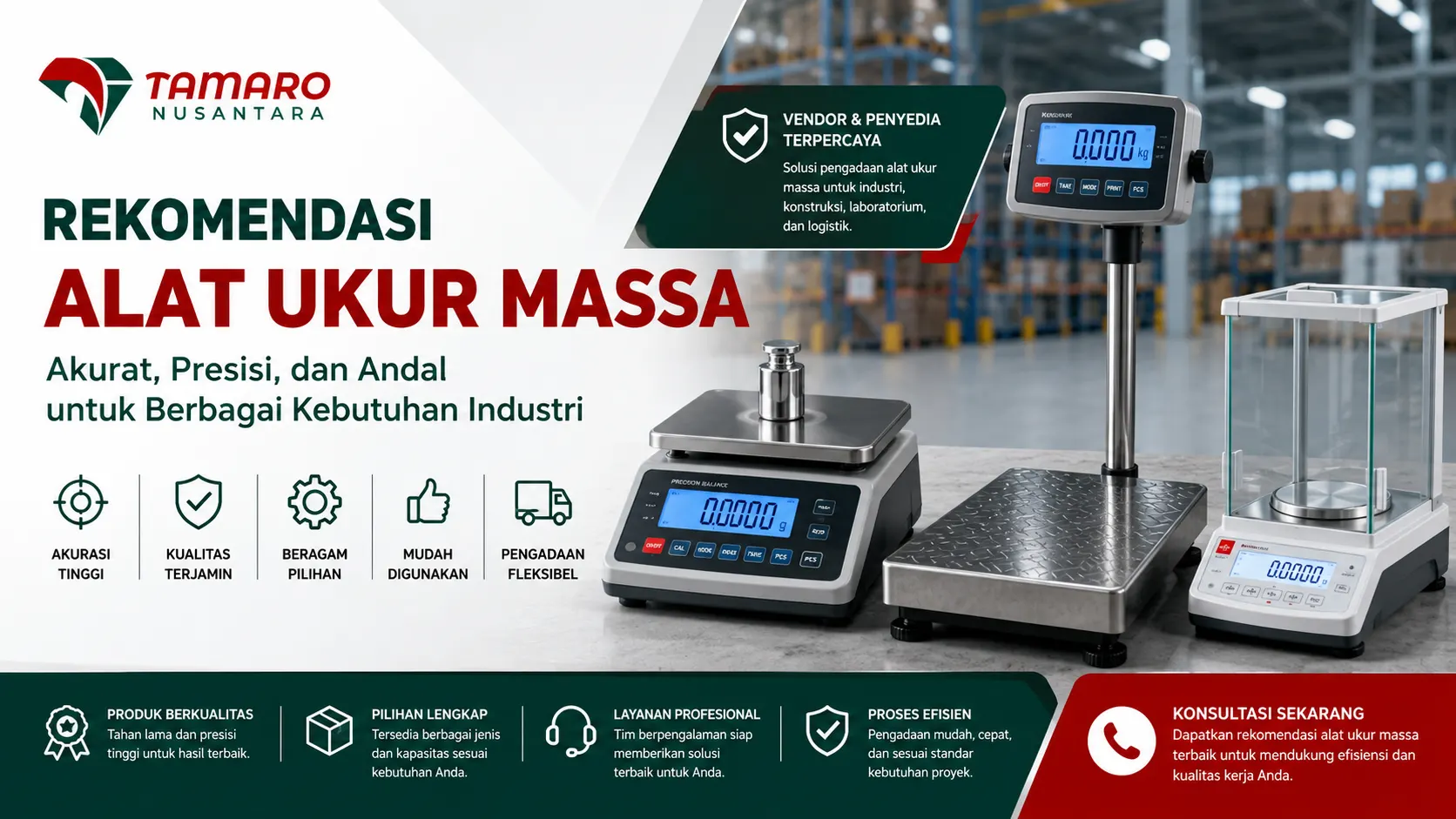 Banner promosi rekomendasi alat ukur massa dari CV. Tamaro Nusantara menampilkan berbagai timbangan digital dan neraca presisi untuk kebutuhan industri, laboratorium, konstruksi, dan logistik dengan desain modern serta informasi layanan vendor dan penyedia profesional.