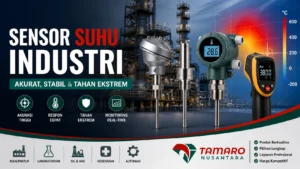 Banner sensor suhu industri dengan visual perangkat pengukur temperatur seperti thermocouple dan infrared sensor, latar pabrik modern, serta logo CV. Tamaro Nusantara dengan informasi keunggulan produk akurat, stabil, dan tahan ekstrem.