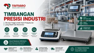 Banner promosi Timbangan Presisi Industri dari CV. Tamaro Nusantara menampilkan timbangan digital presisi untuk kebutuhan industri dan laboratorium modern dengan desain profesional bernuansa merah, hijau, dan putih. Banner menonjolkan fitur akurasi tinggi, kualitas terjamin, pengadaan fleksibel, serta solusi pengukuran massa untuk sektor industri, konstruksi, logistik, dan laboratorium.