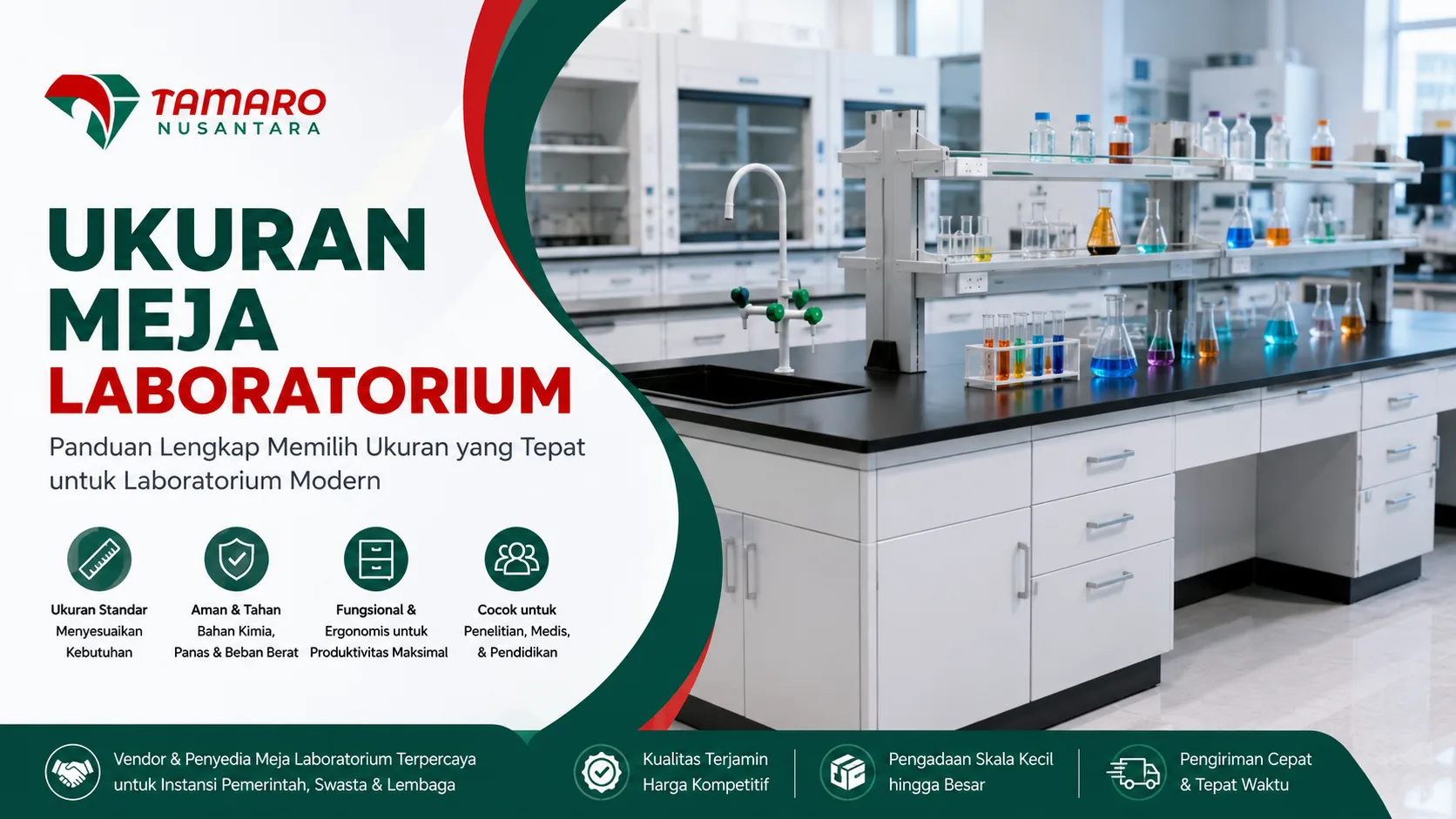 Banner ukuran meja laboratorium modern Tamaro Nusantara untuk kebutuhan penelitian, medis, dan laboratorium profesional.