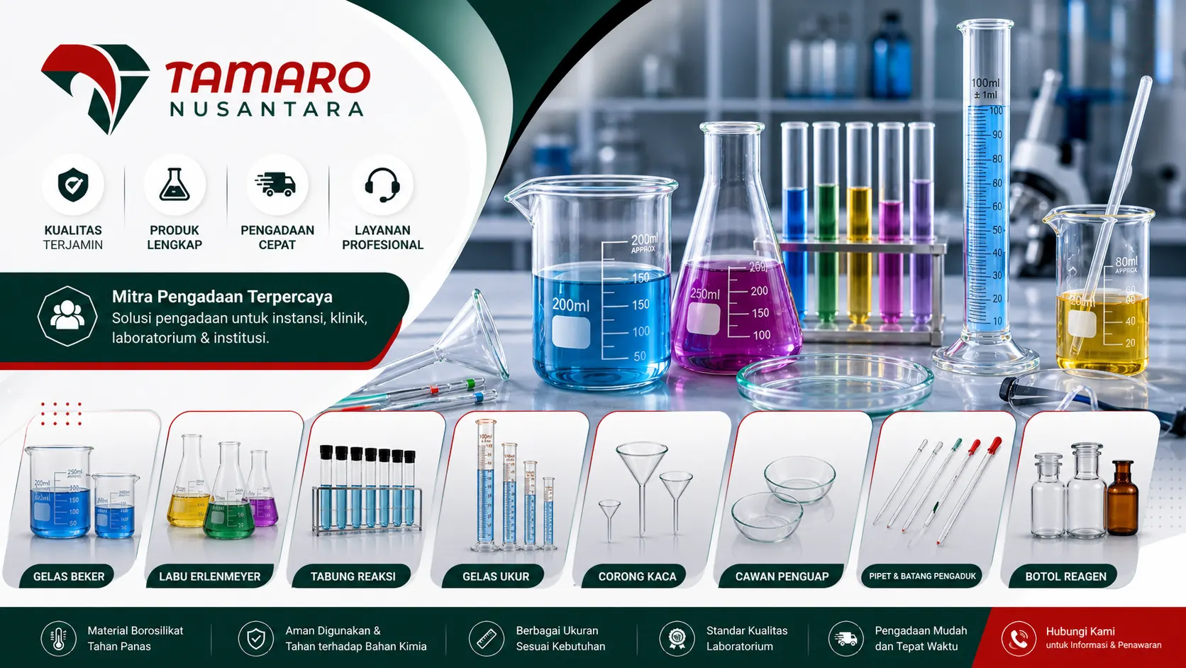 Banner Tamaro Nusantara menampilkan berbagai alat gelas non volumetrik seperti beaker, labu Erlenmeyer, tabung reaksi, gelas ukur, corong kaca, dan cawan penguap dengan tampilan katalog produk lengkap di laboratorium modern.