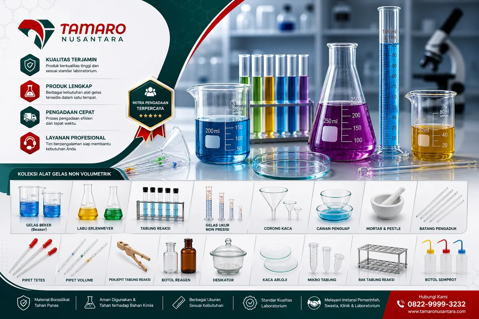Desain promosi alat gelas laboratorium lengkap dengan berbagai model seperti pipet, botol reagen, desikator, mortar, mikro tabung, dan rak tabung reaksi dengan latar laboratorium profesional dan elemen branding Tamaro Nusantara.