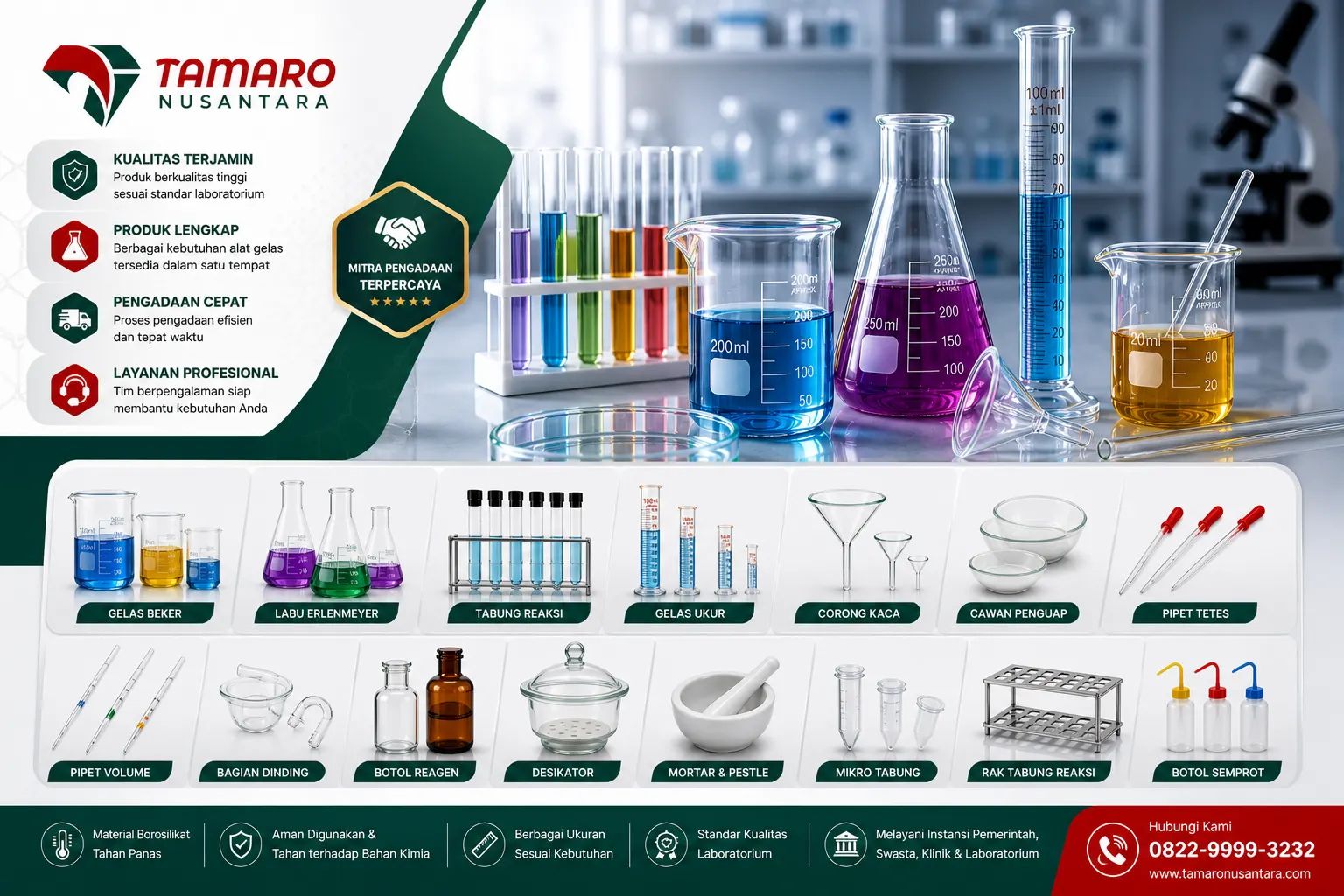 Banner katalog gelas non volumetrik dengan variasi produk lengkap mulai dari beaker, erlenmeyer, tabung reaksi, hingga botol semprot, dilengkapi informasi layanan kualitas, pengadaan cepat, dan layanan profesional.
