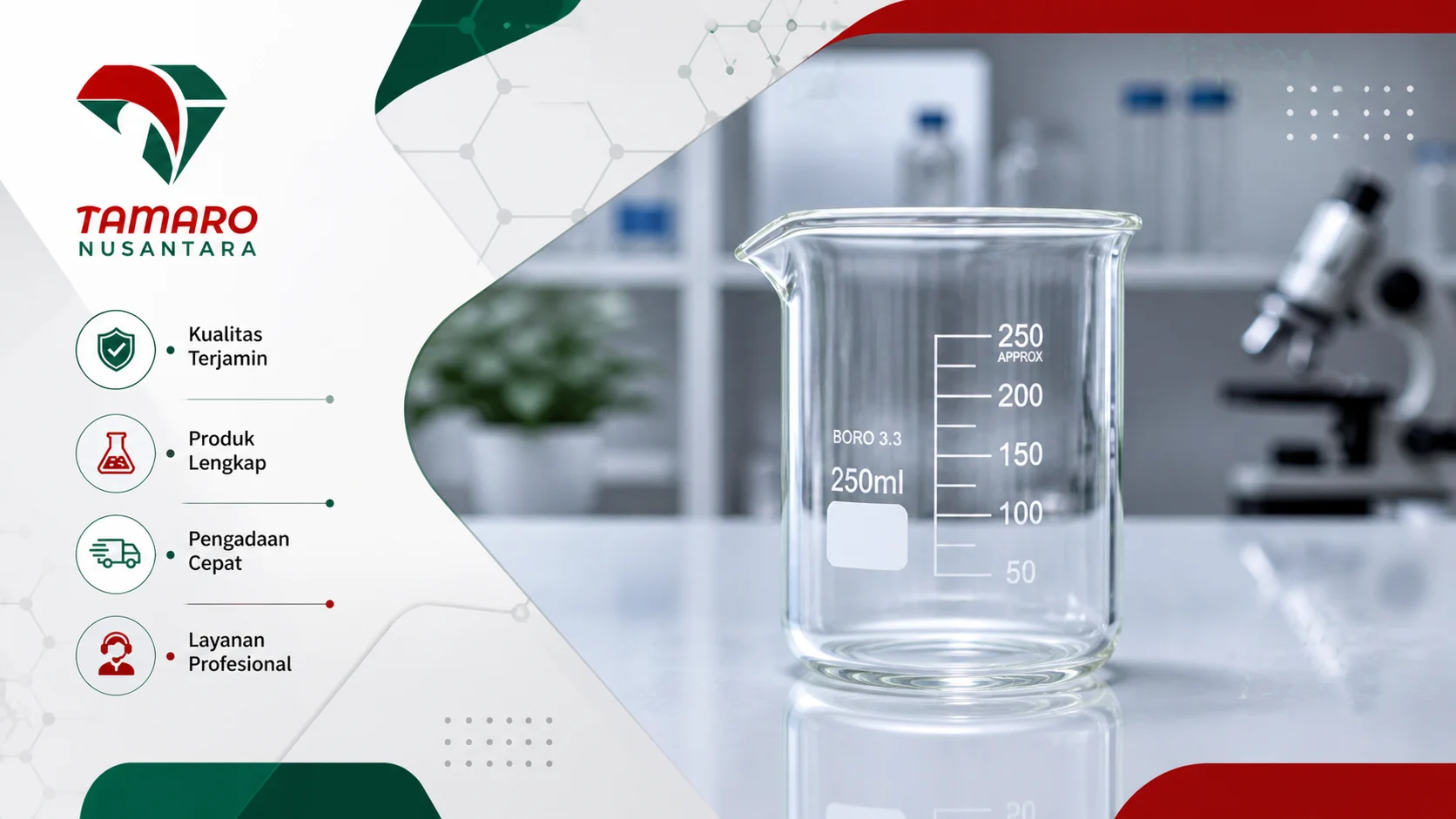 Banner promosi dengan tampilan satu labu Erlenmeyer sebagai objek utama di sisi kanan, dengan latar laboratorium dan elemen desain modern yang menonjolkan kualitas dan layanan profesional.