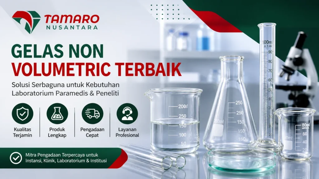 Ilustrasi gelas non volumetric terbaik berupa beaker, labu Erlenmeyer, gelas ukur, dan tabung reaksi di laboratorium modern, menampilkan fungsi untuk menampung, mencampur, memanaskan, dan memindahkan cairan secara efisien bagi paramedis dan peneliti dengan dukungan vendor & penyedia profesional CV. Tamaro Nusantara.