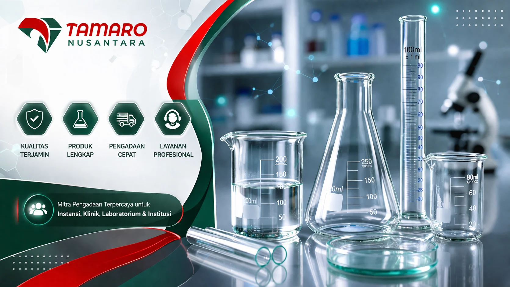 Banner promosi laboratorium Tamaro Nusantara dengan tampilan berbagai gelas non volumetrik seperti beaker, labu Erlenmeyer, dan gelas ukur, dilengkapi elemen desain modern serta informasi layanan pengadaan profesional.