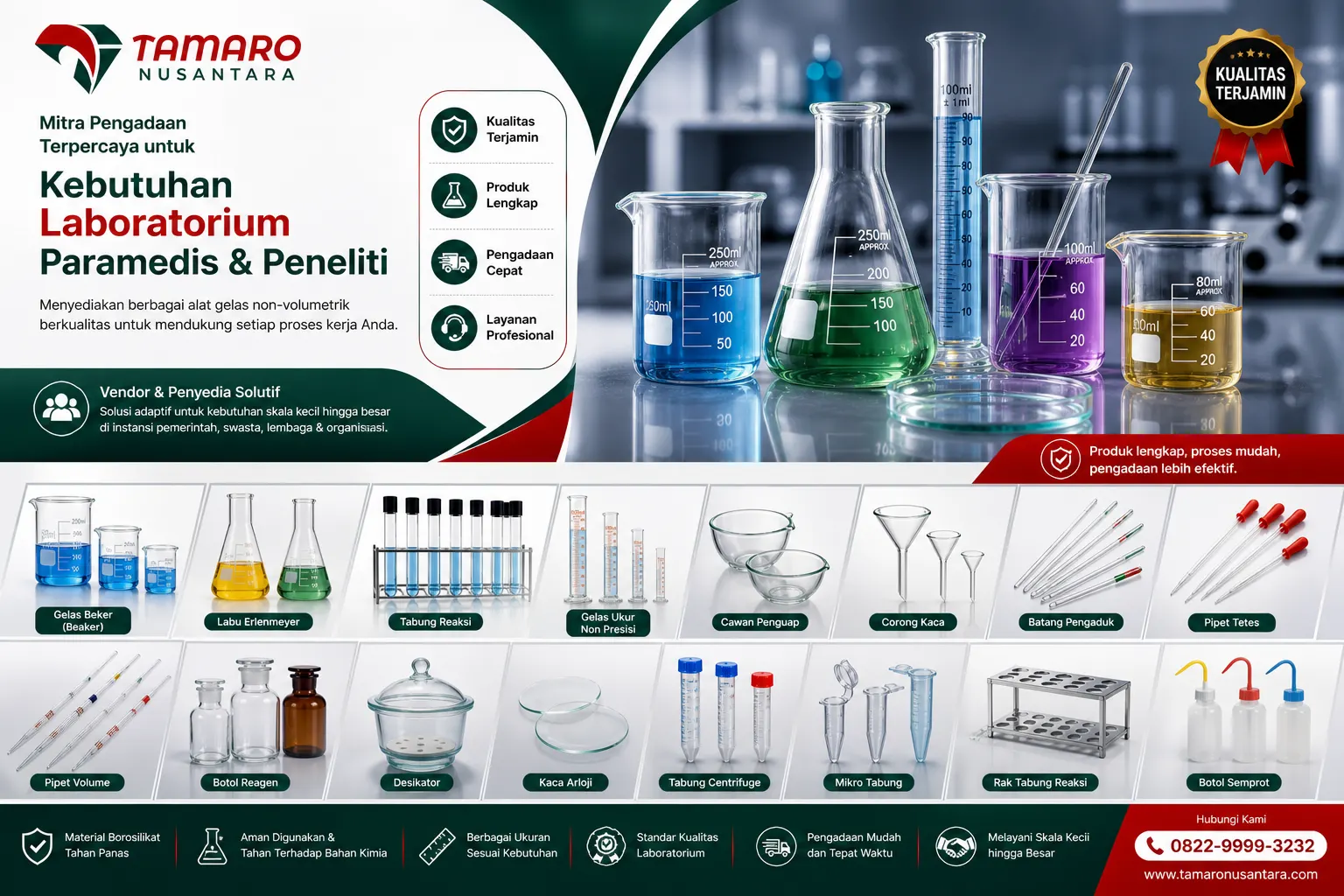 Banner infografis produk laboratorium Tamaro Nusantara yang menampilkan berbagai jenis alat gelas seperti beaker, Erlenmeyer, tabung reaksi, corong kaca, cawan penguap, pipet, dan perlengkapan laboratorium lainnya dalam satu tampilan lengkap.