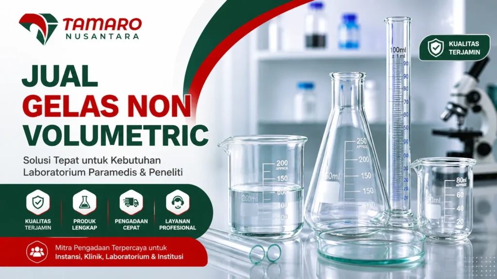 Banner promosi jual gelas non volumetric dari Tamaro Nusantara yang menampilkan berbagai alat gelas laboratorium seperti beaker, labu Erlenmeyer, dan gelas ukur, dengan informasi layanan kualitas terjamin, produk lengkap, pengadaan cepat, dan layanan profesional untuk kebutuhan paramedis dan peneliti.