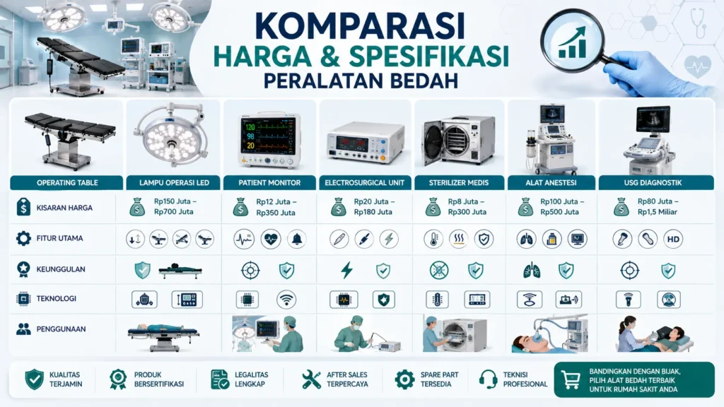 Infografis komparasi harga dan spesifikasi peralatan bedah dengan ikon alat medis rumah sakit.