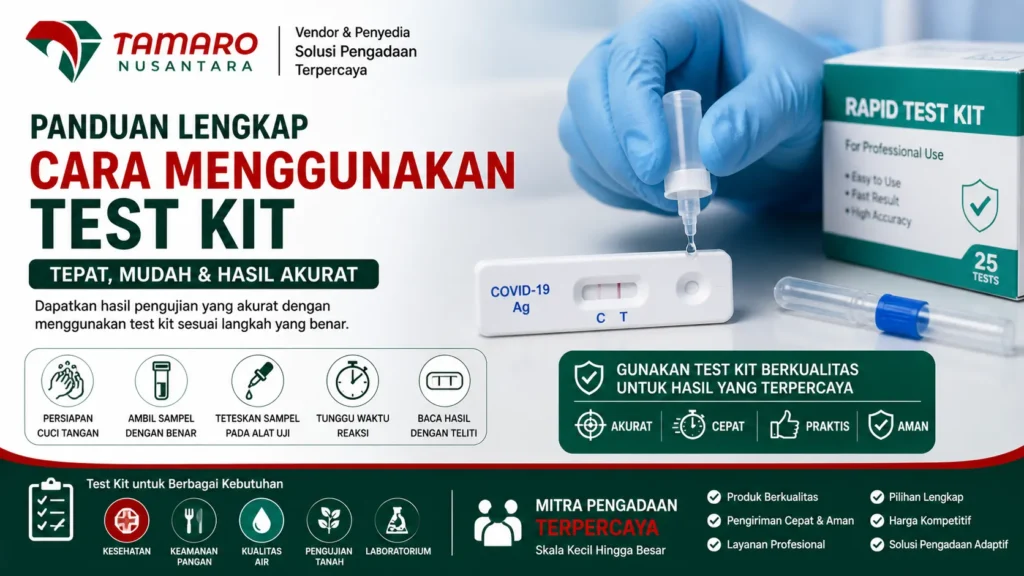"Banner panduan cara menggunakan test kit dari CV. Tamaro Nusantara menampilkan langkah penggunaan rapid test kit secara lengkap dengan ilustrasi alat medis dan hasil pengujian yang akurat."