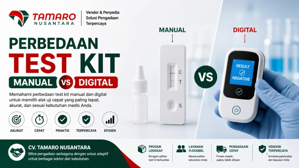 "Infografis perbedaan test kit manual dan digital dengan tampilan alat rapid test, alat digital, serta logo CV. Tamaro Nusantara dalam desain profesional 16:9"