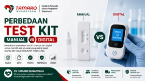 "Infografis perbedaan test kit manual dan digital dengan tampilan alat rapid test, alat digital, serta logo CV. Tamaro Nusantara dalam desain profesional 16:9"
