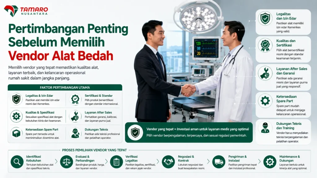 Ilustrasi pertimbangan penting dalam memilih vendor alat bedah terpercaya untuk rumah sakit.