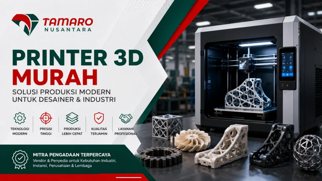 Banner promosi printer 3D murah dari CV. Tamaro Nusantara yang menampilkan mesin printer 3D industri modern dengan hasil cetak komponen presisi tinggi. Visual menggunakan nuansa merah, hijau, dan putih serta menampilkan keunggulan teknologi modern, presisi tinggi, produksi lebih cepat, kualitas terjamin, dan layanan profesional untuk kebutuhan industri dan desainer.