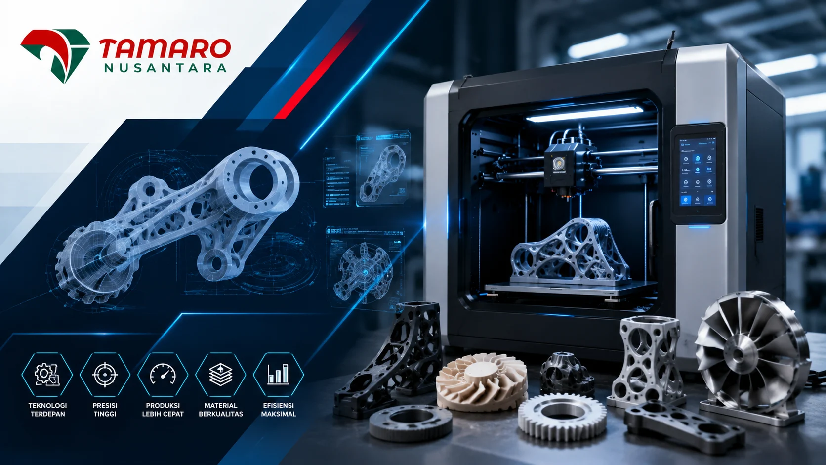 Desain futuristik printer 3D industri dengan tampilan blueprint digital, komponen mekanik presisi, dan suasana manufaktur modern bersama branding CV. Tamaro Nusantara.