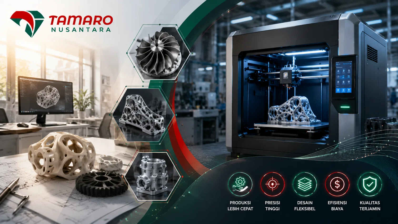 Ilustrasi industrial 3D printing untuk kebutuhan desain dan produksi manufaktur dengan mesin printer 3D canggih, workspace engineering, dan komponen teknik presisi.