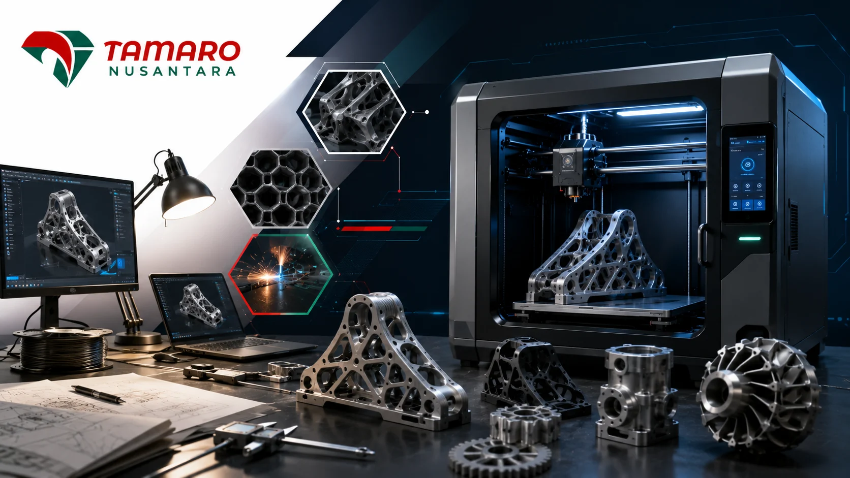 Visual printer 3D industri di area workshop modern dengan hasil cetak komponen logam kompleks, meja desain engineering, dan logo CV. Tamaro Nusantara.