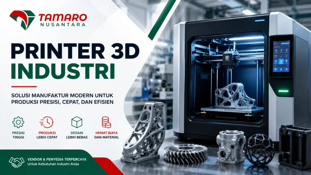 Feature image printer 3D industri modern dengan mesin additive manufacturing berteknologi tinggi, komponen logam presisi, dan logo CV. Tamaro Nusantara untuk kebutuhan manufaktur profesional.