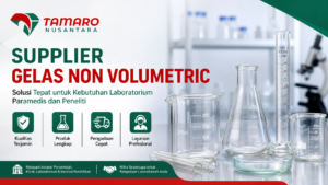Banner promosi laboratorium dengan logo Tamaro Nusantara di kiri, teks supplier gelas non volumetric, serta tampilan berbagai alat gelas seperti beaker, erlenmeyer, dan gelas ukur di meja laboratorium modern.
