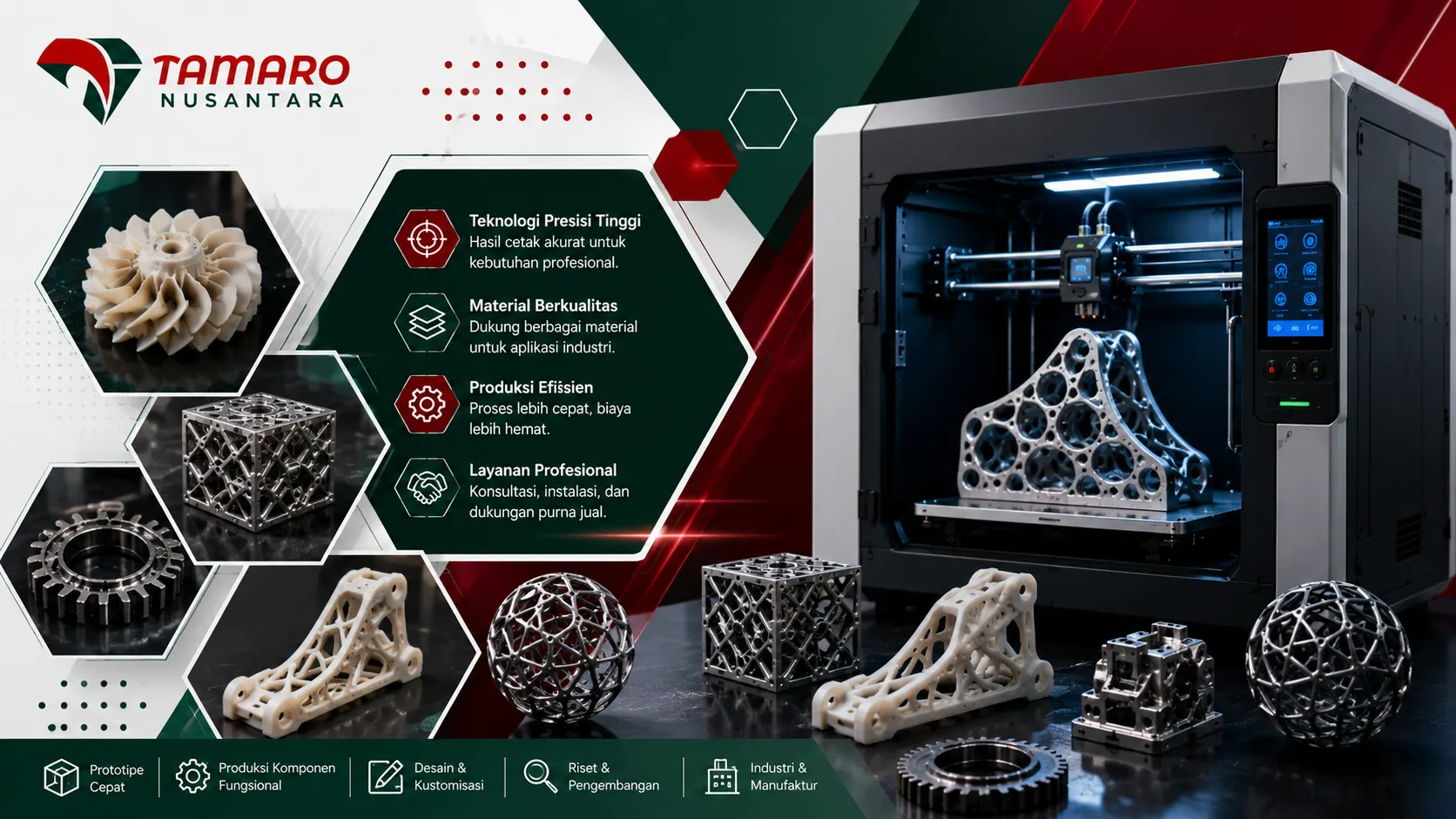 Desain banner supplier printer 3D industri dari CV. Tamaro Nusantara dengan tampilan printer 3D modern, komponen hasil cetak presisi tinggi, serta informasi teknologi presisi, material berkualitas, produksi efisien, dan layanan profesional untuk kebutuhan industri dan manufaktur.
