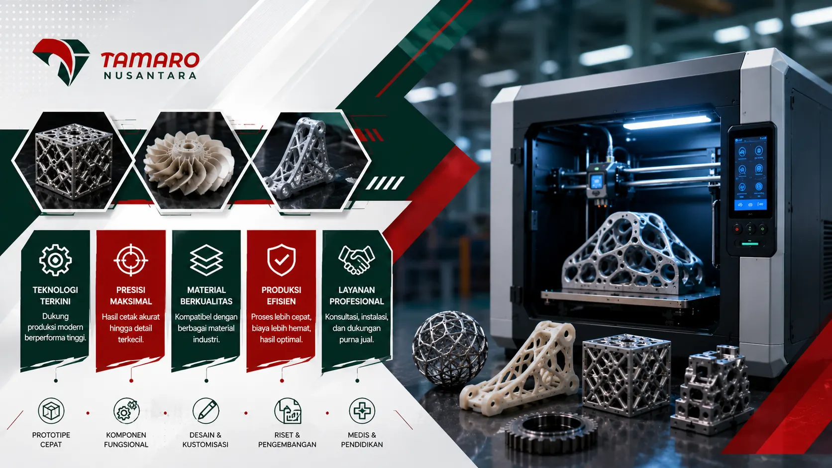 Banner promosi supplier printer 3D dari CV. Tamaro Nusantara menampilkan printer 3D industri modern dengan hasil cetak presisi tinggi, material berkualitas, produksi efisien, dan layanan profesional untuk kebutuhan prototipe, manufaktur, desain, riset, medis, dan pendidikan.