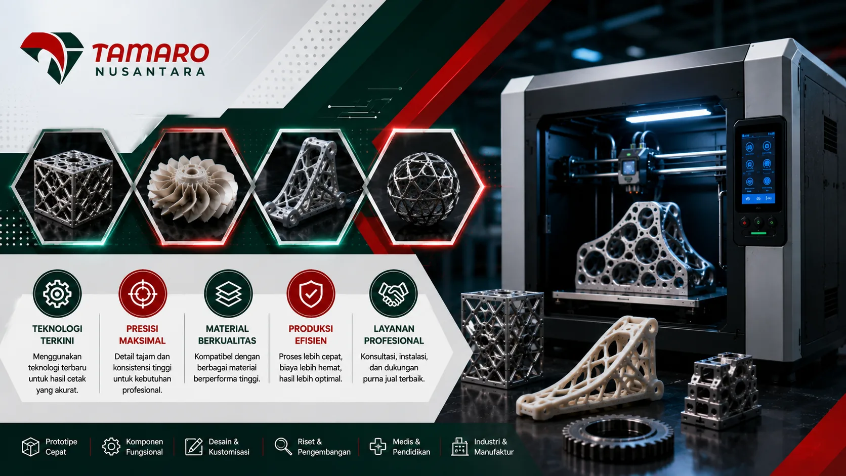 Desain banner supplier printer 3D CV. Tamaro Nusantara dengan tampilan printer 3D industri modern, hasil cetak komponen presisi tinggi, material berkualitas, produksi efisien, serta layanan profesional untuk kebutuhan prototipe, desain, riset, medis, pendidikan, dan manufaktur industri.