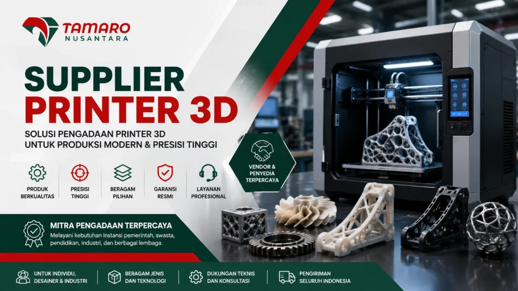 Banner promosi supplier printer 3D dari CV. Tamaro Nusantara menampilkan printer 3D industri modern dengan hasil cetak komponen presisi tinggi, dilengkapi informasi layanan vendor dan penyedia terpercaya untuk kebutuhan produksi, desain, dan manufaktur.