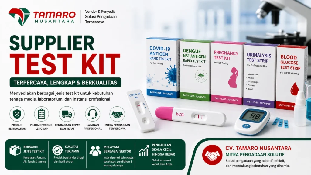 Banner promosi supplier test kit CV. Tamaro Nusantara dengan berbagai produk rapid test seperti COVID-19, dengue, kehamilan, dan urinalisis, menampilkan layanan pengadaan lengkap, cepat, dan terpercaya untuk kebutuhan medis.