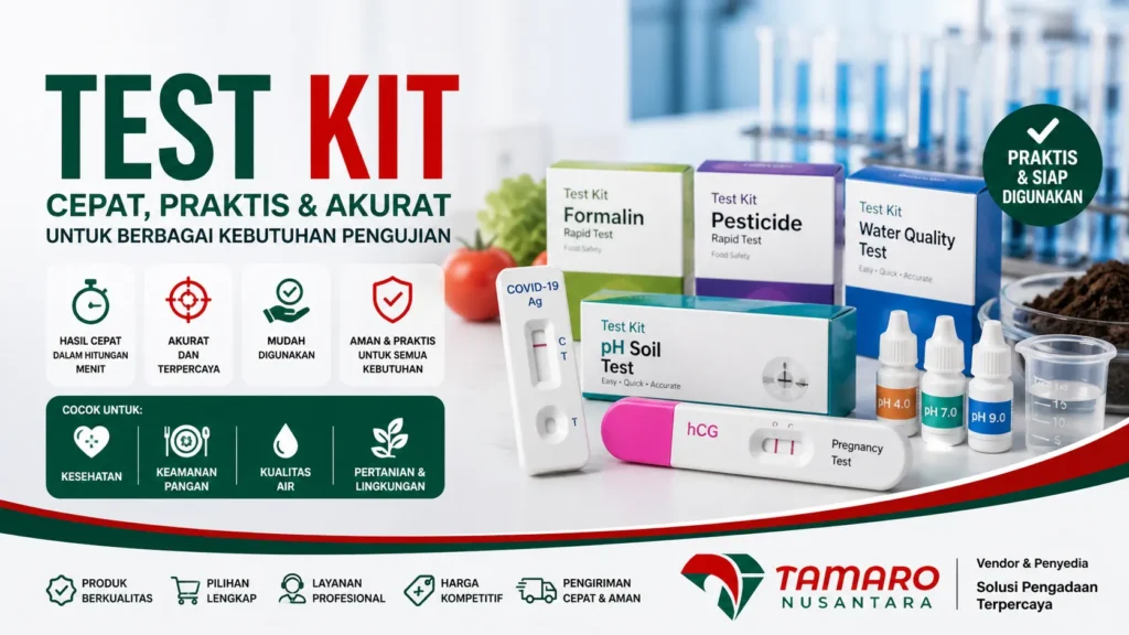Banner Test Kit cepat, praktis, dan akurat dengan berbagai jenis alat uji untuk kesehatan, pangan, air, dan lingkungan serta logo CV. Tamaro Nusantara di bagian bawah.