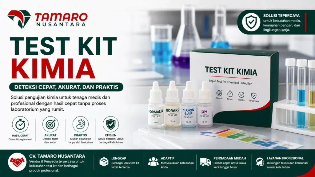 "Banner test kit kimia dengan alat uji formalin, boraks, klorin, dan pH serta logo CV. Tamaro Nusantara dalam desain profesional rasio 16:9"
