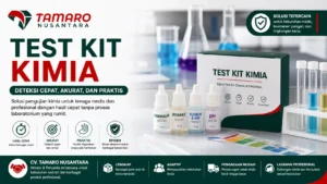 "Banner test kit kimia dengan alat uji formalin, boraks, klorin, dan pH serta logo CV. Tamaro Nusantara dalam desain profesional rasio 16:9"
