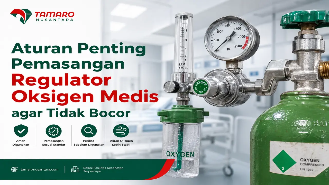 Pemasangan regulator oksigen medis sesuai standar untuk mencegah kebocoran dan menjaga keamanan distribusi oksigen di rumah sakit