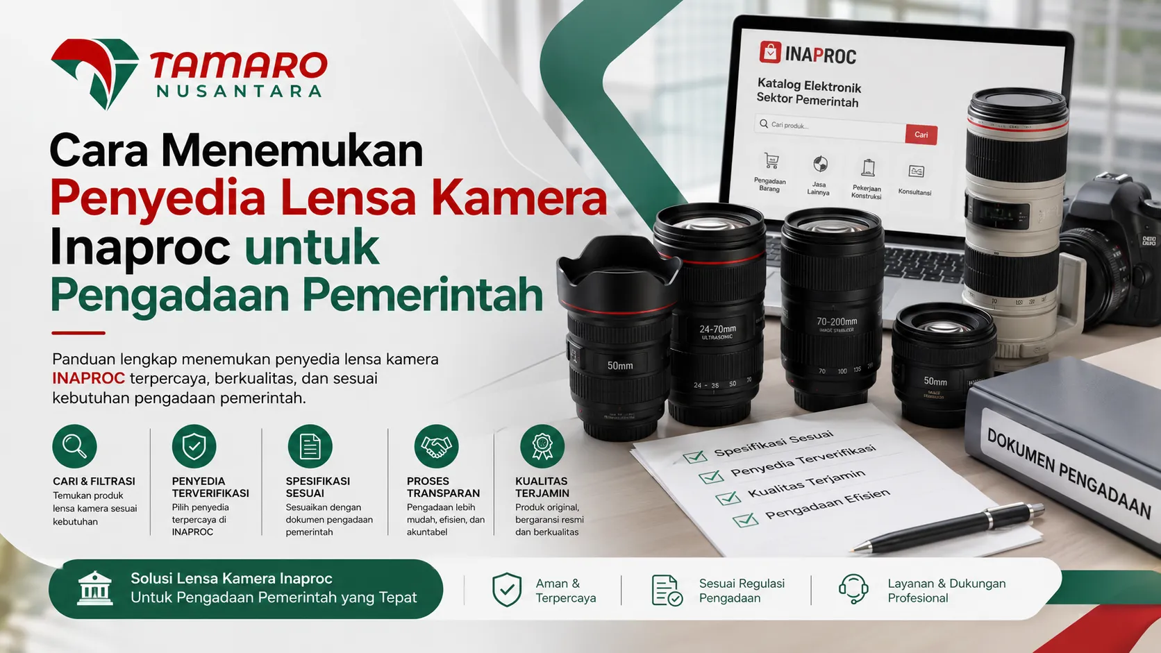 Infografis Tamaro Nusantara berjudul "Cara Menemukan Penyedia Lensa Kamera Inaproc untuk Pengadaan Pemerintah". Gambar menampilkan sebuah laptop yang membuka situs Katalog Elektronik INAPROC, jajaran lensa kamera profesional, binder bertuliskan "DOKUMEN PENGADAAN", serta barisan ikon panduan langkah seperti cari & filtrasi, penyedia terverifikasi, dan spesifikasi sesuai.