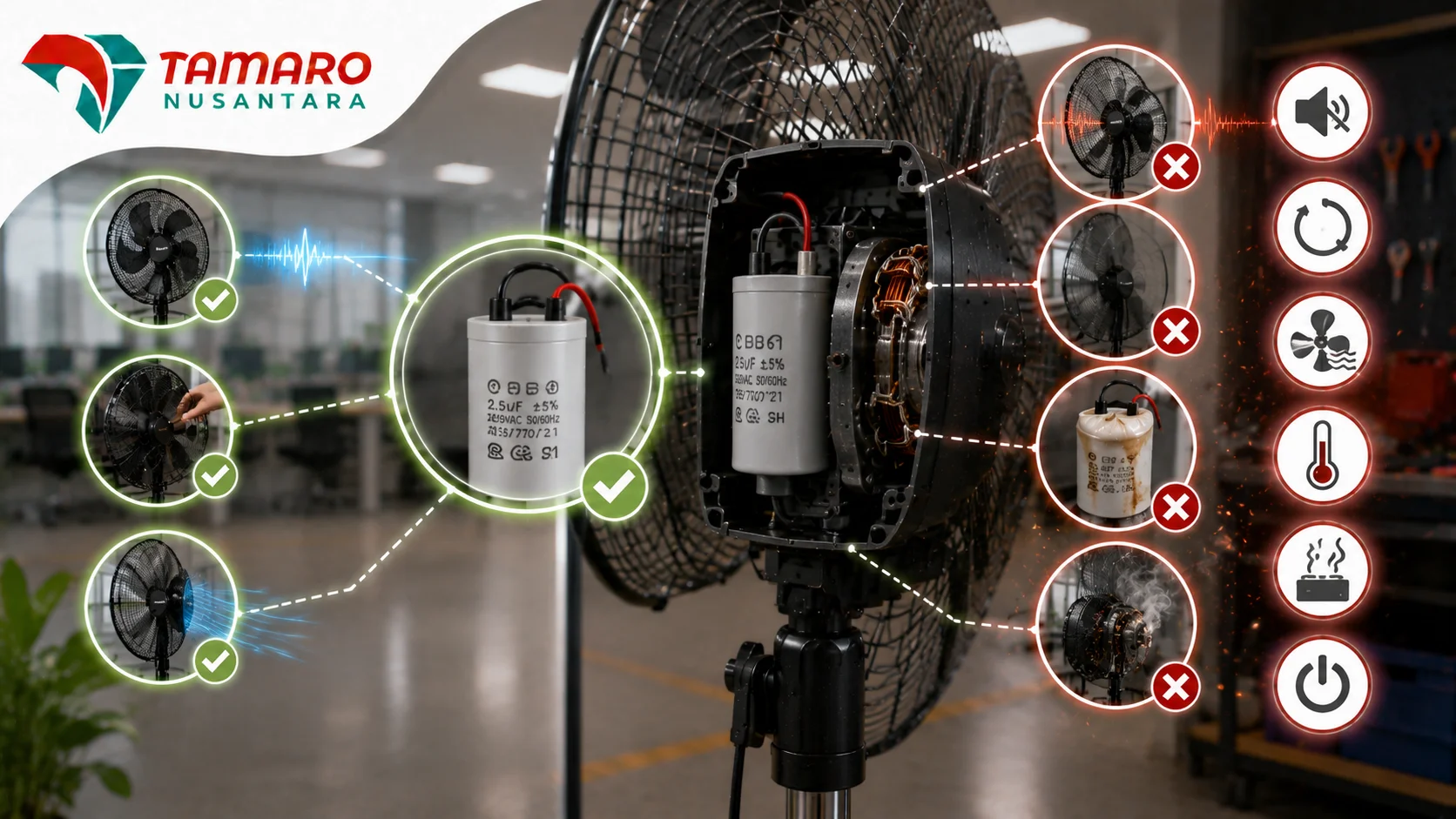 Visual teknis kipas angin Tamaro Nusantara yang memperlihatkan posisi kapasitor pada dinamo serta ikon penyebab kapasitor rusak, termasuk overheating, penumpukan debu, kapasitor bocor, dan penggunaan jangka panjang.