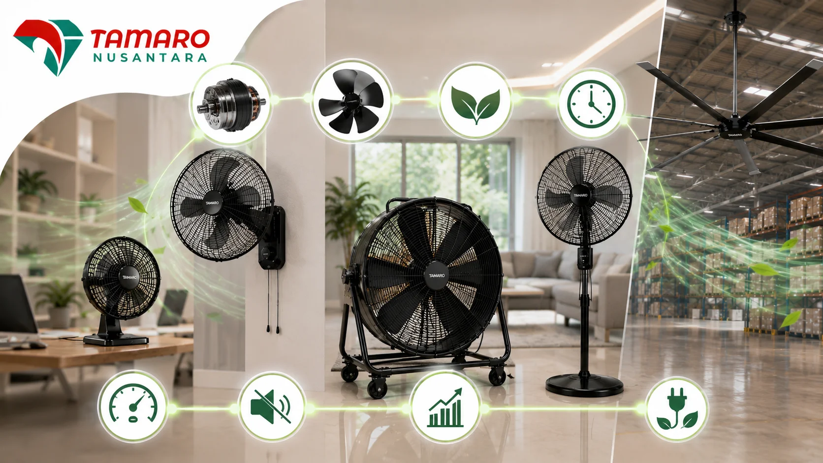 Visual kipas angin Tamaro Nusantara dengan fokus pada motor hemat listrik, sirkulasi udara optimal, operasi senyap, dan penggunaan energi yang efisien.